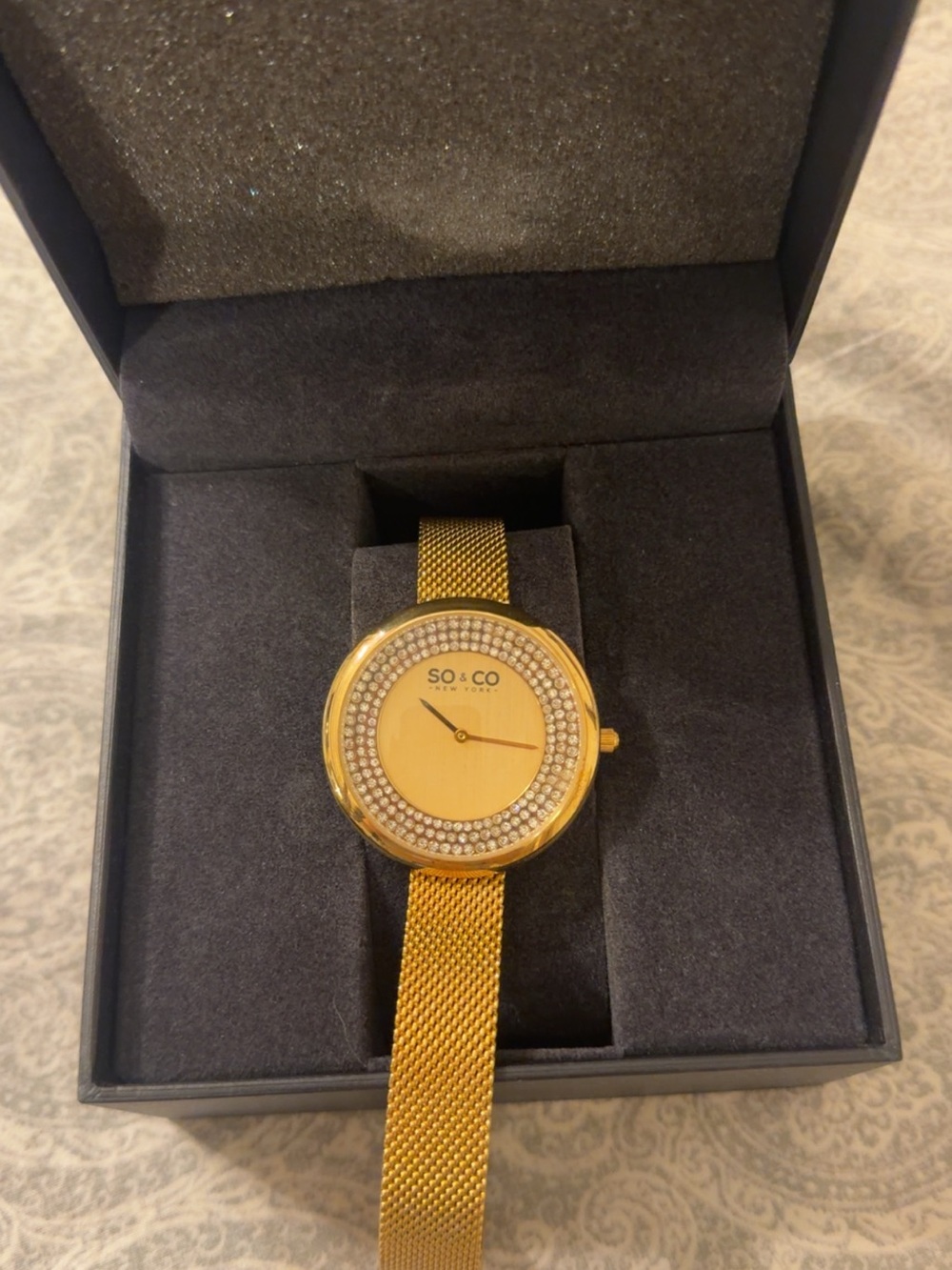 Gold Mesh Bracelet Watch with Crystal Ring